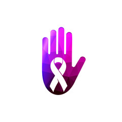 Human palm with ribbon against home abuse logo. Domestic violence logotype. Purple hand abused hitting support vector illustration. Isolated aggression protection, self-defense icon.