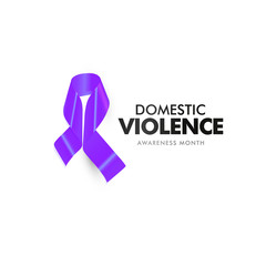 Domestic violence and aggression poster. Home abused victim support banner. Isolated purple ribbon against home abuse vector illustration on white background