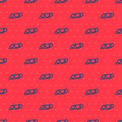 Blue line Car headlight icon isolated seamless pattern on red background. Vector