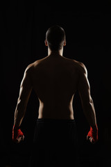 Male boxer posing his powerful back against black background.