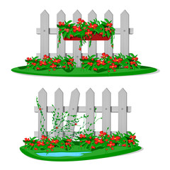 White cartoon wooden fence with  garden flowers in hanging pots. Set of garden fences isolated on white background. Wood boards silhouette construction in flat style with flower hanging decorations
