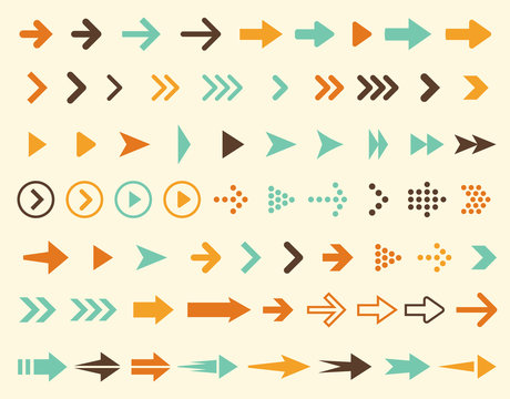 Collection of arrows icons in retro style and in vintage colors, large set of right pointers signs, vector illustration