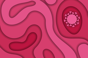 Image of a coronavirus molecule in the paper cut style. COVID-19 virion depicted on a red background.
