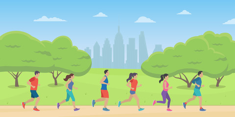 People running in the park with cityscape. Men and Women jogging. Marathon race concept. Sport and fitness design template with runners and athletes in flat style. Vector illustration.