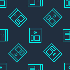 Green line Bag of coffee beans icon isolated seamless pattern on blue background. Vector