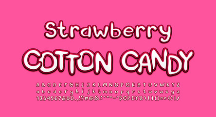 Modern food Alphabet white and strawberry color. Handwritten 3d style font, uppercase and lowercase letters, numbers, symbols. Vector illustration