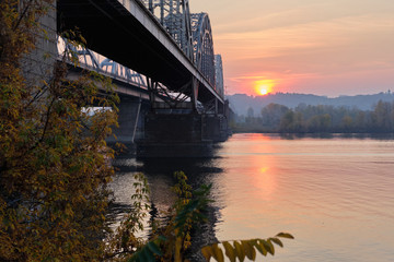 View of the Dnieper River and Paton Bridge at sunset