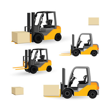 Forklift trucks. Forklift trucks isometric vector illustrations set isolated on white background.