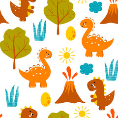 Colorful Childish seamless pattern with dinosaurs, mountains and trees. Hand drawn children's pattern for fashion clothes, shirt, fabric. Baby Vector Illustration. Dinosaur pattern vector.