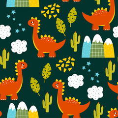 Colorful Childish seamless pattern with dinosaurs, mountains and trees. Hand drawn children's pattern for fashion clothes, shirt, fabric. Baby Vector Illustration. Dinosaur pattern vector.