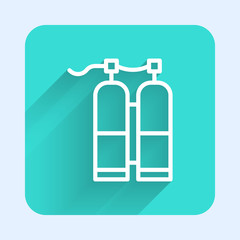 White line Aqualung icon isolated with long shadow. Oxygen tank for diver. Diving equipment. Extreme sport. Sport equipment. Green square button. Vector