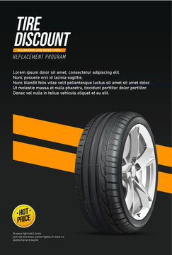 Tire realistic  banner. Car wheel repair and auto rubber advertising flyer, automobile information brochure with tyre sale offer. Vector image quality auto service promo poster.