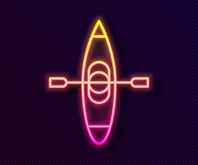 Glowing neon line Kayak and paddle icon isolated on black background. Kayak and canoe for fishing and tourism. Outdoor activities. Vector