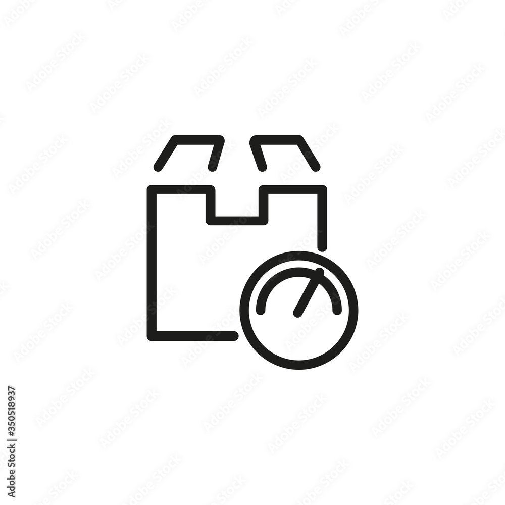 Sticker line icon of cardboard box and scales sign. parcel weight, distribution center, warehouse. delivery 