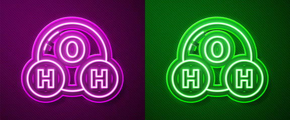 Glowing neon line Chemical formula for water drops H2O shaped icon isolated on purple and green background. Vector