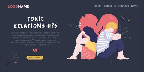 Landing page template about relationships in a couple, family, or between people. Man and a woman sit with their backs to each other against the background of a heart with a crack. Vector illustration - obrazy, fototapety, plakaty
