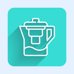 White line Water jug with a filter icon isolated with long shadow. Green square button. Vector