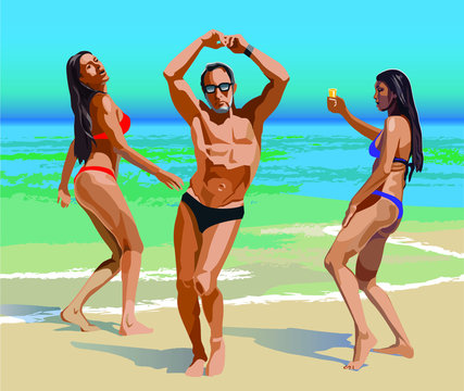 Color vector drawing of dancing people on the beach. Beach party