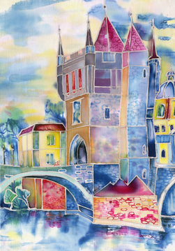 Old town painting in watercolor. Handmade illustration for decor.