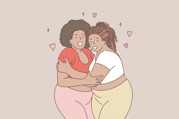 Body positive, hugging, concept. Young plus size afro american happy smiling obese thick women friends cartoon characters lesbians embracing together. Lgbt love and true friendship illustration.