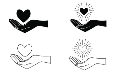 Heart in hand. Vector illustration isolated on a white background. Black and white icon set. Love and happiness. Valentine's day. Wedding. Minimalistic design. Elements for packaging, fabric, card
