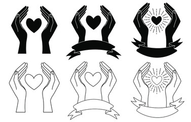Heart in hands. Vector illustration isolated on a white background. Black and white icon set. Love and happiness. Valentine's day. Wedding. Minimalistic design. Elements for packaging, fabric, card