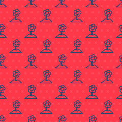 Blue line Flower icon isolated seamless pattern on red background. Vector