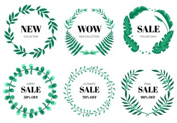 Set of floral wreaths with green leaves and text. Eucalyptus, palm, fern, and olive leaves. Floral design for banners, sales, promotions. Vector hand-drawn illustrations.