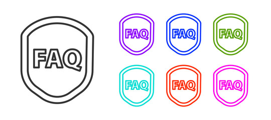 Black line Shield with text FAQ information icon isolated on white background. Guard sign. Security, safety, protection, privacy concept. Set icons colorful. Vector