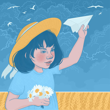 cute little girl child in a hat holding a bouquet of daisies and an paper airplane, on the background of a field of cereals