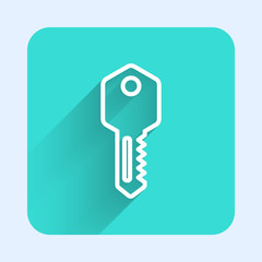 White line House key icon isolated with long shadow. Green square button. Vector