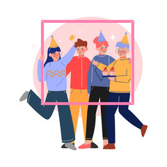 Group of Friends Holding Portrait Frame Set, Girls and Boys Wearing Party Hats Celebrating Birthday with Cake Vector Illustration