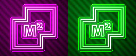 Glowing neon line House plan icon isolated on purple and green background. Vector