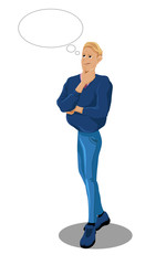Cartoon character of office worker is thinking. Standing man with a think bubble. Pensive guy. Vector illustration isolated on the white background