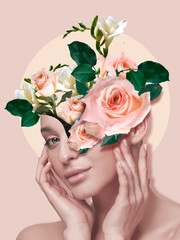 Portrait of beautiful woman with modern floral design, inspiration artwork. Beauty, fashion and ad concept. Fashionable and contemporary look, tiny and tender flowers. Spring, blooming beauty.