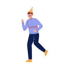 Teen Boy Wearing Party Hat Celebrating Birthday, Teenager Having Festive Party Vector Illustration