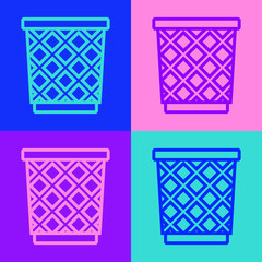 Pop art line Trash can icon isolated on color background. Garbage bin sign. Recycle basket icon. Office trash icon. Vector Illustration