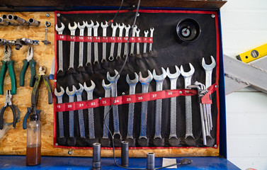 set of tools in garage. organization of workplace
