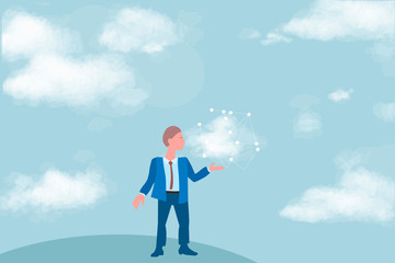 Cloud computing for business, concept. Layout with space for text, a businessman on background of sky withwith cloud and network in hand, cloud computing concept