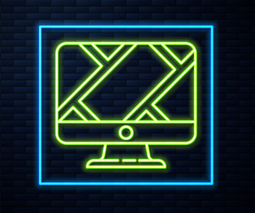 Glowing neon line Computer monitor and folded map with location marker icon isolated on brick wall background. Vector Illustration
