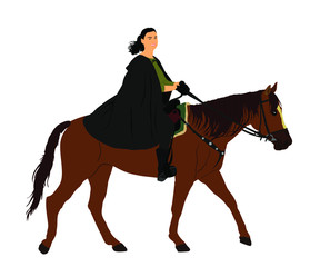 Medieval princess riding horse vector  illustration isolated on white background. Girl in cloak ride horse. Attractive woman enjoy in countryside riding. Noble aristocratic lady on horseback relaxing.