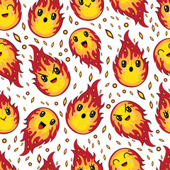 Vector pattern of cute fire cartoons in kawaii style on white background