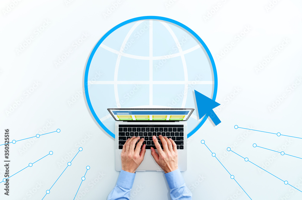 Aufkleber World wide web and laptop. Top view of business man using laptop. WWW and cursor icons.