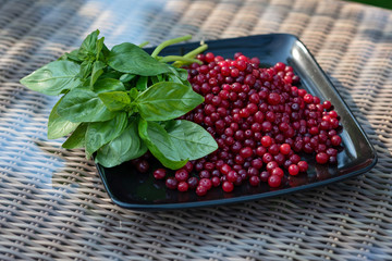 Fresh basil and ripe cranberries on a black plate. Cooking healthy vegetarian food.