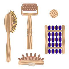 A set of massage applicators in a wooden case for massage and self-massage. Vector illustration.