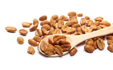 Spicy pepper, paprika peanuts with wooden spoon isolated on white background