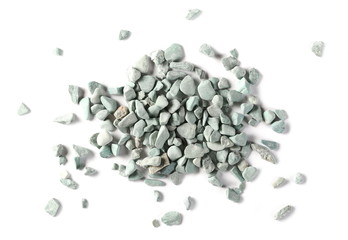 Blue, cyan rocks, pebbles, stones pile isolated on white background, top view