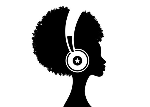 The Afro Girl Listens To Music On Headphones. Music Therapy. Profile Of A Young African American Woman. Musician Avatar Side View. Vector Flat Illustration Isolated On White Background