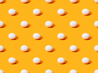fresh white chicken eggs on orange colorful background, seamless pattern