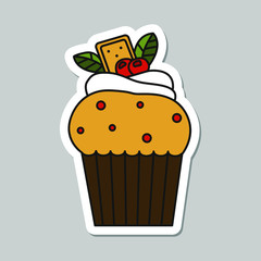 Vector cupcake sticker isolated on gray background. Food design elements for the menu, bakery logo, web, postcards, stickers.
